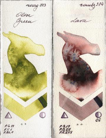 Rosa Gallery 713 Olive Green vs Roman Szmal Aquarius 384 Lava watercolor swatch