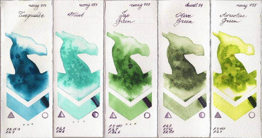 Rosa Gallery 714 Turquiose vs 754 Mint vs 728 Sap Green vs Kuretake Gansai Tambi 54 Olive Green vs 755 Aureoline Green watercolor swatch