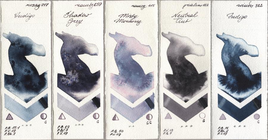 Rosa Gallery 717 Indigo, Roman Szmal Aquarius 259 Shadow Grey, 415 Misty Morning, M. Graham & Co. Artists 122 Neutral Tint, Winsor & Newton Professional 322 Indi watercolor swatch