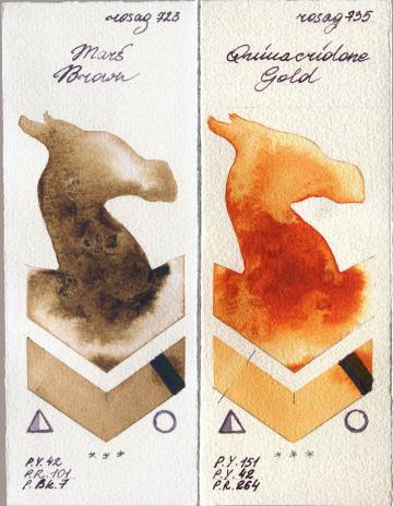 Rosa Gallery 723 Mars Brown vs 735 Quinacridone Gold watercolor swatch