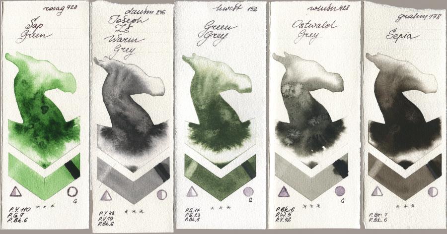 Rosa Gallery 728 Sap Green, Daniel Smith 246 Joseph Zs Warm Grey, Holbein Artists Watercolor 152 Green Grey, Winsor & Newton Professional 428 Ostwald Grey, M. Graham & Co. Artists 178 Sep watercolor swatch