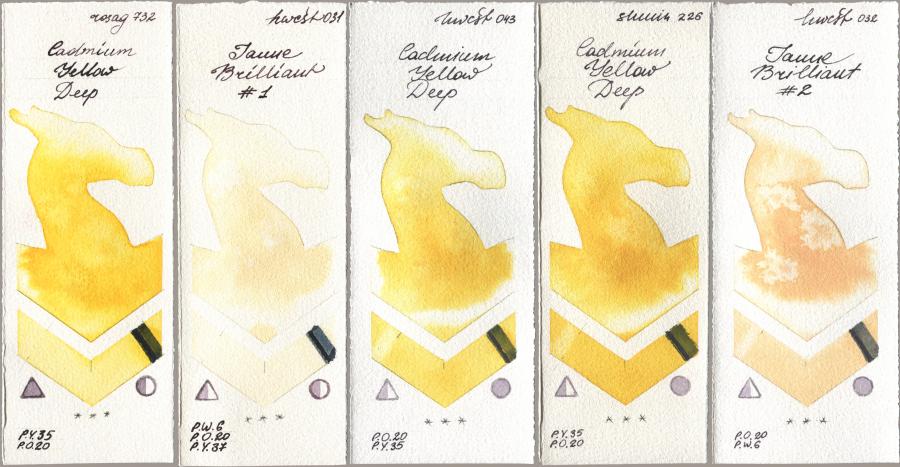 Rosa Gallery 732 Cadmium Yellow Deep, Holbein Artists Watercolor 031 Jaune Brilliant No 1, 043 Cadmium Yellow Deep, Shminke Horadam Aquarell 226 Cadmium Yellow Deep, 032 Jaune Brillant No watercolor swatch