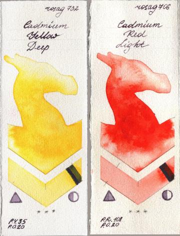 Rosa Gallery 732 Cadmium Yellow Deep vs 706 Cadmium Red Light watercolor swatch