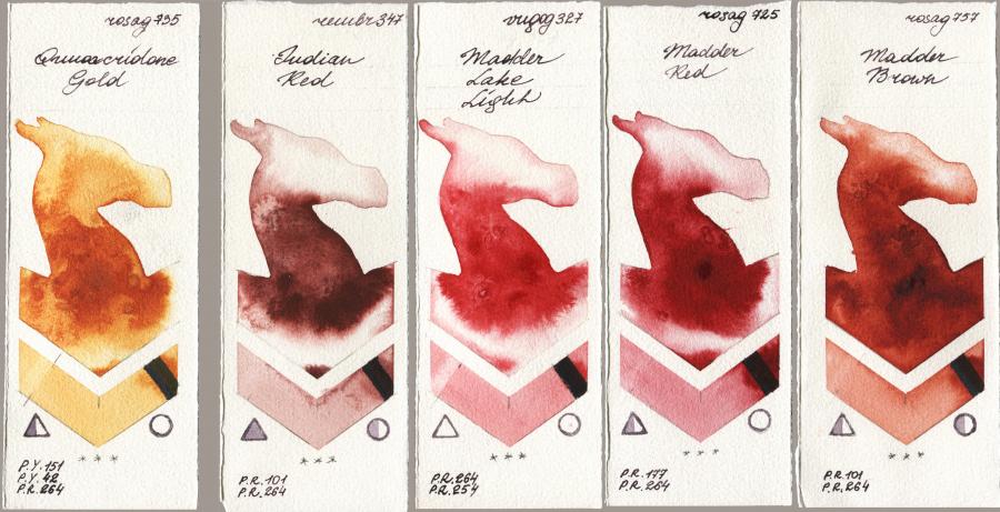 Rosa Gallery 735 Quinacridone Gold vs Royal Talens Rembrandt Watercolour 347 Indian Red vs Royal Talens Van Gogh Watercolour 327 Madder Lake Light vs 725 Madder Red vs 757 Madder Brown watercolor swatch