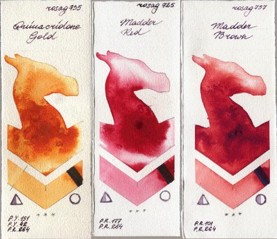 Rosa Gallery 735 Quinacridone Gold vs 725 Madder Red vs 757 Madder Brown watercolor swatch