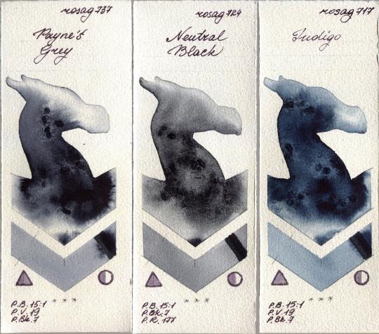 Rosa Gallery 737 Paynes Grey vs 724 Neutral Black vs 717 Indigo watercolor swatch
