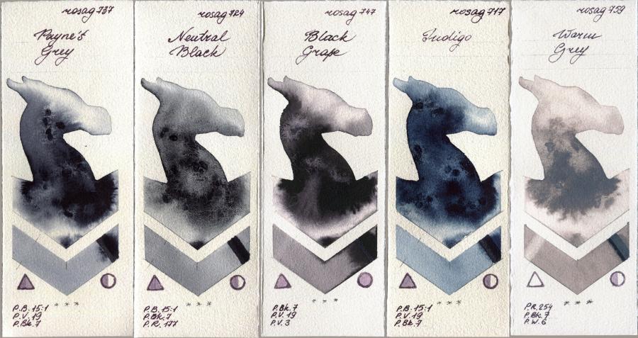 Rosa Gallery 737 Paynes Grey vs 724 Neutral Black vs 747 Black Grape vs 717 Indigo vs 759 Warm Grey watercolor swatch