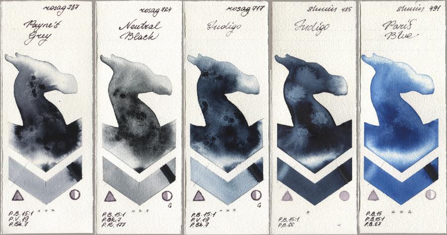 Rosa Gallery 737 Paynes Grey, 724 Neutral Black, 717 Indigo, Shminke Horadam Aquarell 485 Indigo, 491 Paris Bl watercolor swatch