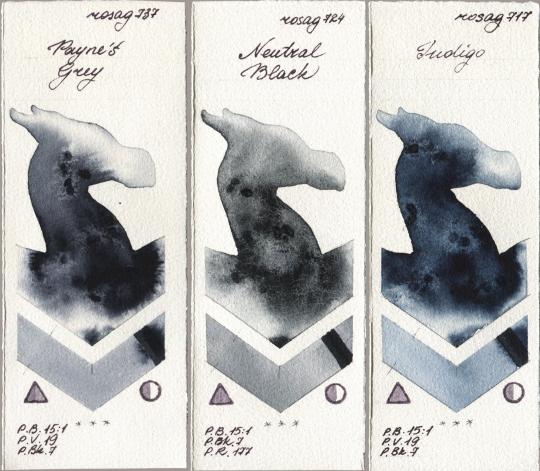 Rosa Gallery 737 Paynes Grey vs 724 Neutral Black vs 717 Indigo watercolor swatch