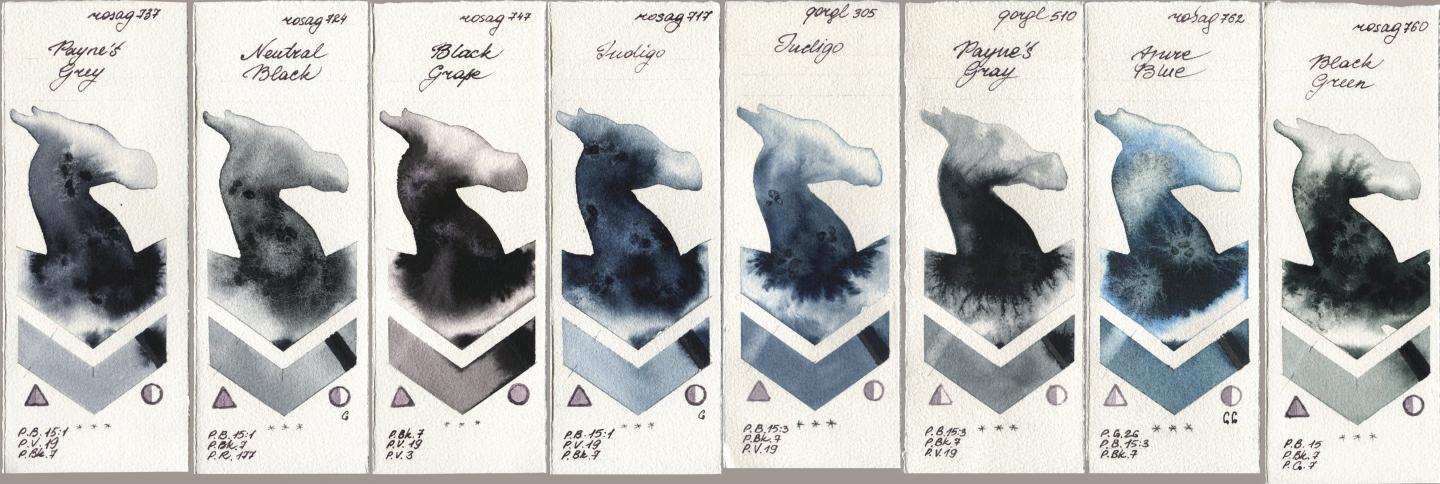 Rosa Gallery 737 Paynes Grey, 724 Neutral Black, 747 Black Grape, 717 Indigo, Golden QOR 305 Indigo, 510 Paynes Gray, 762 Azure Blue, 760 Black Gre watercolor swatch