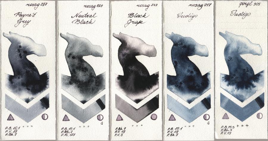 Rosa Gallery 737 Paynes Grey, 724 Neutral Black, 747 Black Grape, 717 Indigo, Golden QOR 305 Indi watercolor swatch