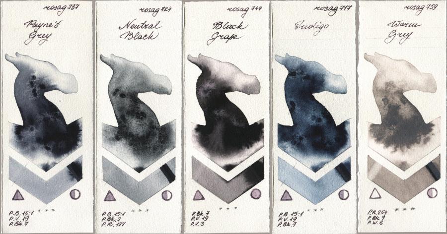 Rosa Gallery 737 Paynes Grey vs 724 Neutral Black vs 747 Black Grape vs 717 Indigo vs 759 Warm Grey watercolor swatch