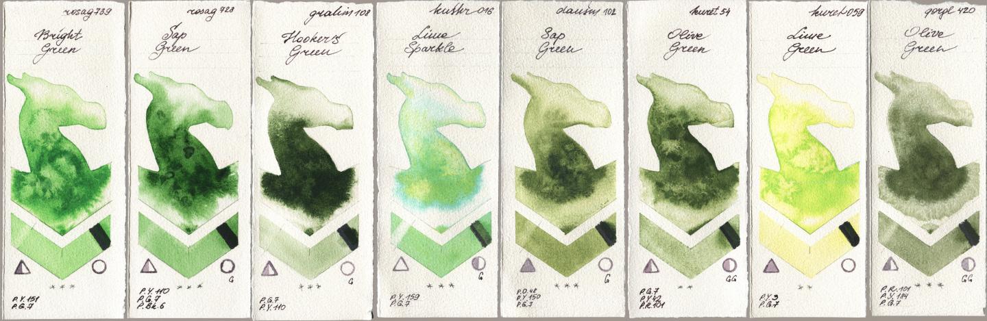 Rosa Gallery 739 Bright Green, 728 Sap Green, M. Graham & Co. Artists 108 Hookers Green, Kusakabe 016 Lime Sparkle, Daniel Smith 102 Sap Green, Kuretake Gansai Tambi 054 Olive Green, 059 Lime Green, Golden QOR 420 Olive Gre watercolor swatch