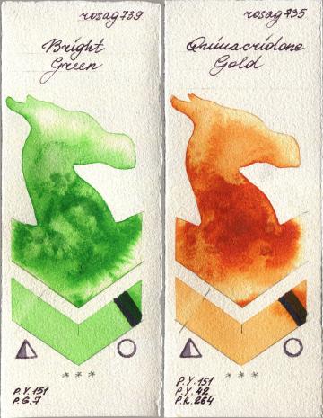 Rosa Gallery 739 Bright Green vs 735 Quinacridone Gold watercolor swatch