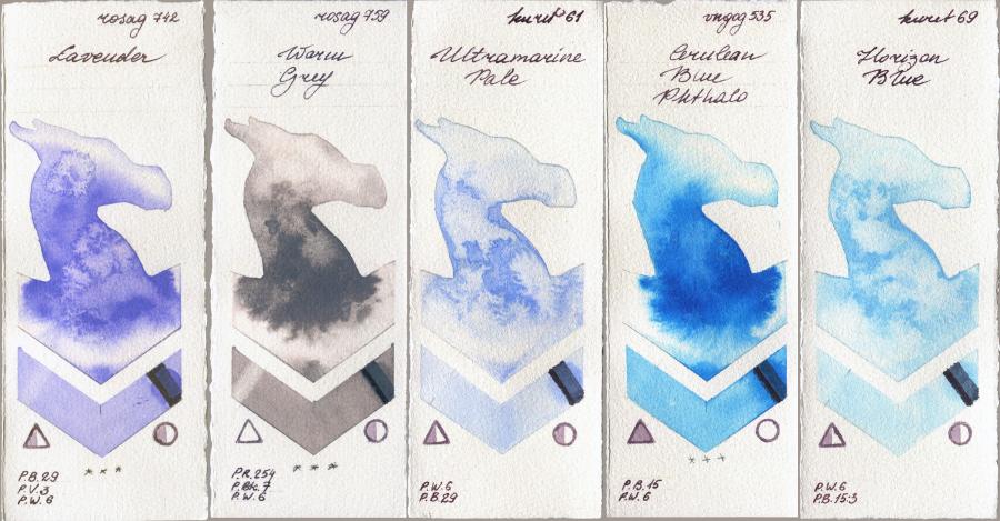 Rosa Gallery 742 Lavender vs 759 Warm Grey vs Kuretake Gansai Tambi 61 Ultramatire Pale vs Van Gogh Watercolour 535 Cerulean Blue Phthalo vs 69 Horizon Blue watercolor swatch