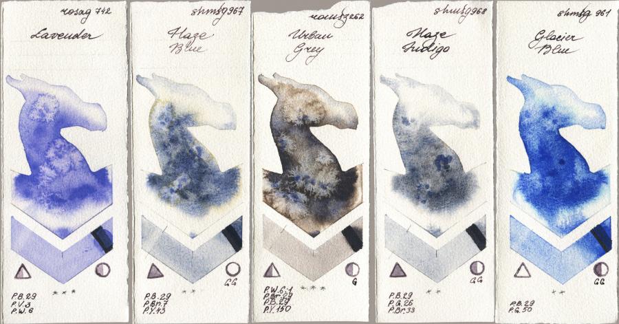 Rosa Gallery 742 Lavender vs Shminke Horadam Aquarell 967 Haze Blue vs Roman Szmal Aquarius 262 Urban Grey vs 968 Haze Indigo vs 961 Glacier Blue watercolor swatch