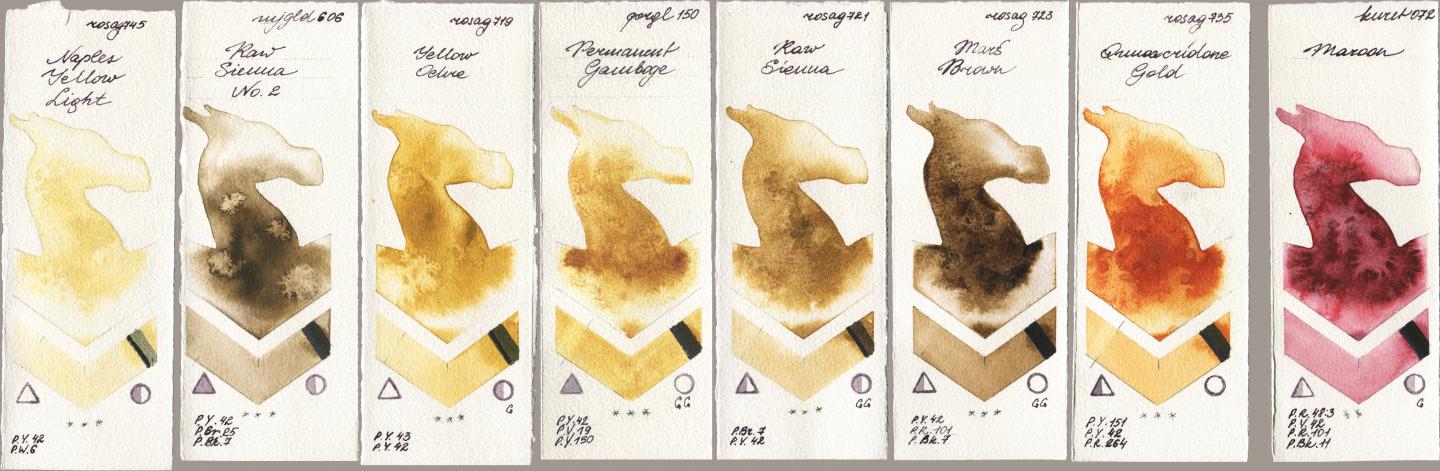 Rosa Gallery 745 Naples Yellow Light, Mijello Mission Gold 606 Raw Sienna No 2, 719 Yellow Ochre, Golden QOR 150 Permanent Gamboge, 721 Raw Sienna, 723 Mars Brown, 735 Quinacridone Gold, Kuretake Gansai Tambi 072 Maro watercolor swatch