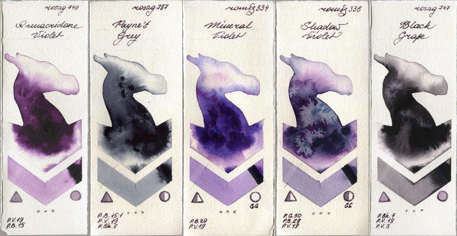 Rosa Gallery 749 Quinacridone Violet vs 737 Paynes Grey vs Roman Szmal Aquarius 334 Mineral Violet vs 336 Shadow Violet vs 747 Black Grape watercolor swatch