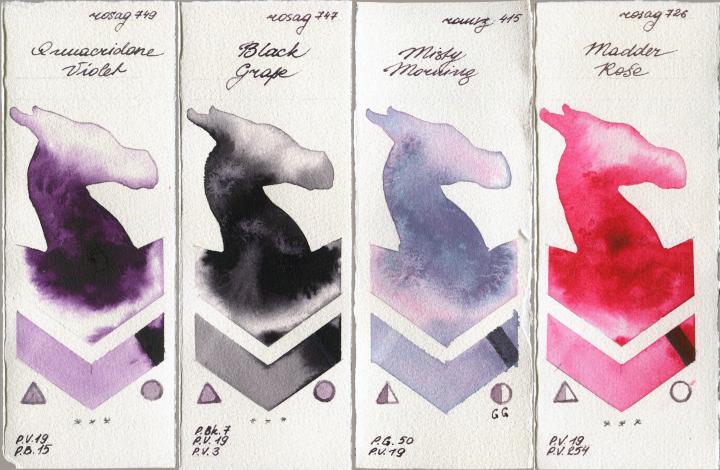 Rosa Gallery 749 Quinacridone Violet vs 747 Black Grape vs Roman Szmal Aquarius 415 Misty Morning vs 726 Madder Rose watercolor swatch