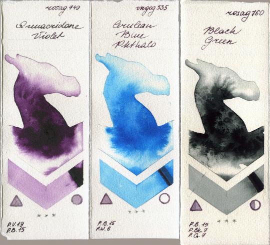 Rosa Gallery 749 Quinacridone Violet vs Royal Talens Van Gogh Watercolour 535 Cerulean Blue Phthalo vs 760 Black Green watercolor swatch