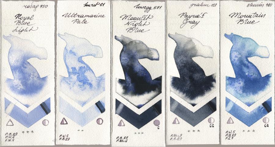 Rosa Gallery 750 Royal Blue Light, Kuretake Gansai Tambi 061 Ultramarine Pale, Holbein Artists Watercolor 571 Moonlit Night Blue, M. Graham & Co. Artists 128 Payne’s Gray, Shminke Horadam Aquarell 480 Mountain Bl watercolor swatch