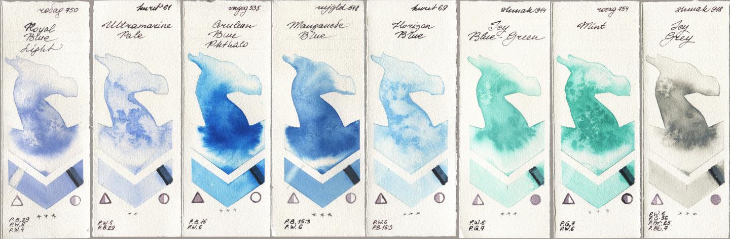 Rosa Gallery 750 Royal Blue Light, Kuretake Gansai Tambi 061 Ultramatire Pale, Royal Talens Van Gogh Watercolour 535 Cerulean Blue Phthalo, Mijello Mission Gold 548 Manganese Blue, 069 Horizon Blue, Shminke Akademie Aquarell 914 Icy Blue-Green, 754 Mint, 918 Icy Gr watercolor swatch