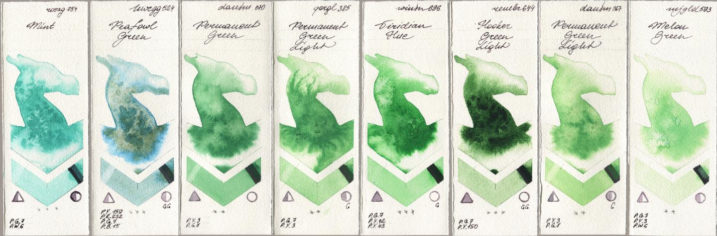 Rosa Gallery 754 Mint, Holbein Artists Watercolor 524 Peafowl Green, Daniel Smith 070 Permanent Green, Golden QOR 385 Permanent Green Light, Winsor & Newton Professional 696 Viridian Hue, Royal Talens Rembrandt Watercolour 644 Hooker Green Light, 067 Permanent Green Light, Mijello Mission Gold 593 Melon Gre watercolor swatch