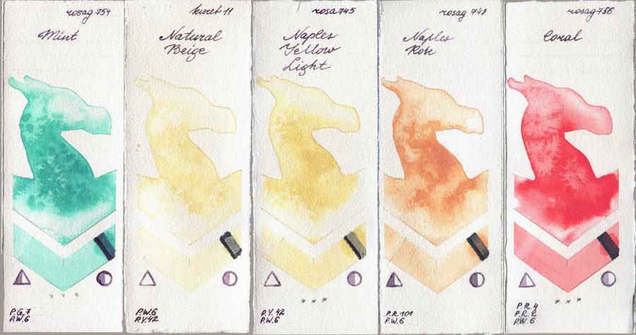 Rosa Gallery 754 Mint vs Kuretake Gansai Tambi 11 Natural Beige vs 745 Naples Yellow Light vs 748 Naples Rose vs 756 Coral watercolor swatch