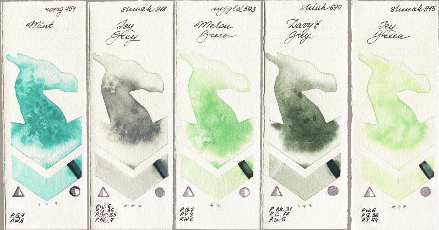 Rosa Gallery 754 Mint vs Shminke Akademie Aquarell 918 Icy Grey vs Mijello Mission Gold 593 Melon Green vs Shinhan PWC 690 Davys Grey vs 915 Icy Green watercolor swatch