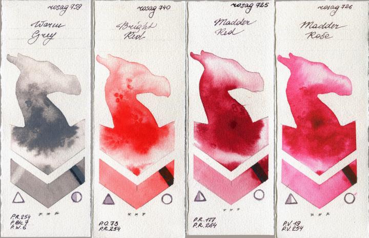Rosa Gallery 759 Warm Grey vs 740 Bright Red vs 725 Madder Red vs 726 Madder Rose watercolor swatch