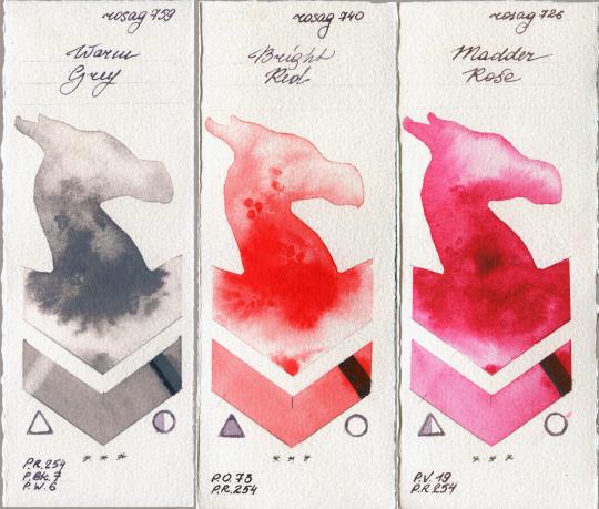 Rosa Gallery 759 Warm Grey vs 740 Bright Red vs 726 Madder Rose watercolor swatch