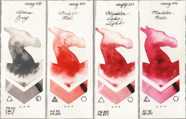 Rosa Gallery 759 Warm Grey vs 740 Bright Red vs Royal Talens Van Gogh Watercolour 327 Madder Lake Light vs 726 Madder Rose watercolor swatch