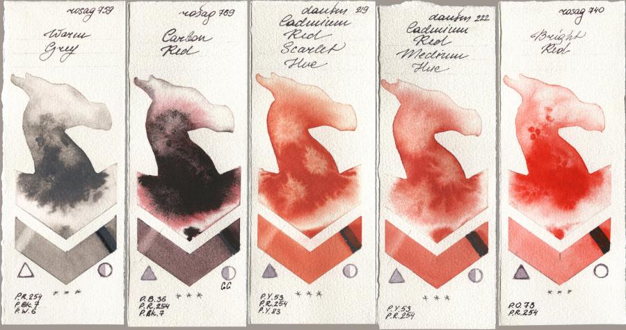Rosa Gallery 759 Warm Grey, 769 Carbon Red, Daniel Smith 219 Cadmium Red Scarlet Hue, 222 Cadmium Red Medium Hue, 740 Bright R watercolor swatch