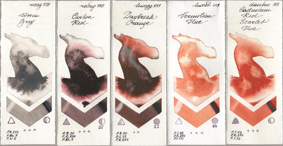 Rosa Gallery 759 Warm Grey, 769 Carbon Red, Holbein Artists Watercolor 551 Daybreak Orange, 019 Vermilion Hue, Daniel Smith 219 Cadmium Red Scarlet H watercolor swatch