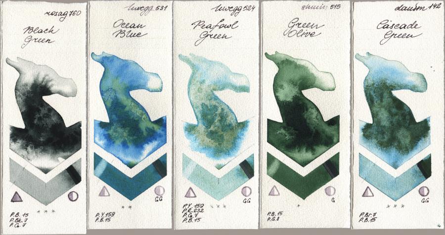Rosa Gallery 760 Black Green, Holbein Artists Watercolor 531 Ocean Blue, 524 Peafowl Green, Shminke Horadam Aquarell 515 Green Olive, Daniel Smith 142 Cascade Gre watercolor swatch