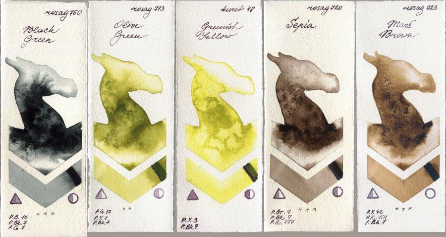 Rosa Gallery 760 Black Green vs 713 Olive Green vs Kuretake Gansai Tambi 48 Greenish Yellow vs 720 Sepia vs 723 Mars Brown watercolor swatch