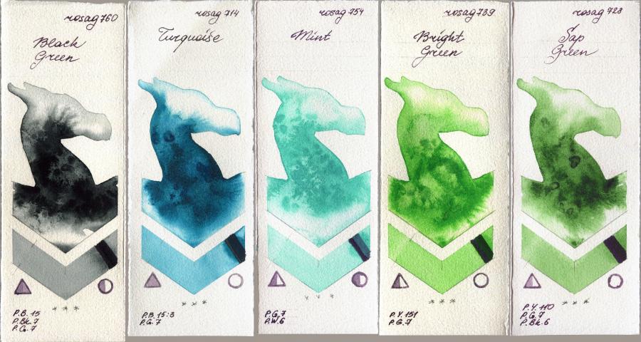 Rosa Gallery 760 Black Green vs 714 Turquiose vs 754 Mint vs 739 Bright Green vs 728 Sap Green watercolor swatch