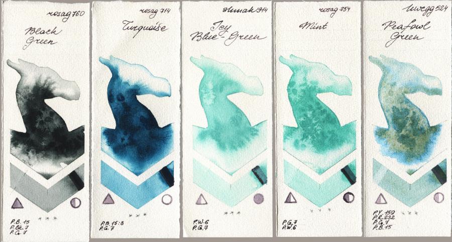 Rosa Gallery 760 Black Green vs 714 Turquiose vs Shminke Akademie Aquarell 914 Icy Blue-Green vs 754 Mint vs Holbein Artists Watercolor 524 Peafowl Green watercolor swatch