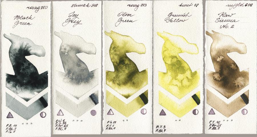 Rosa Gallery 760 Black Green vs Shminke Akademie Aquarell 918 Icy Grey vs 713 Olive Green vs Kuretake Gansai Tambi 048 Greenish Yellow vs Mijello Mission Gold 606 Raw Sienna No 2 watercolor swatch