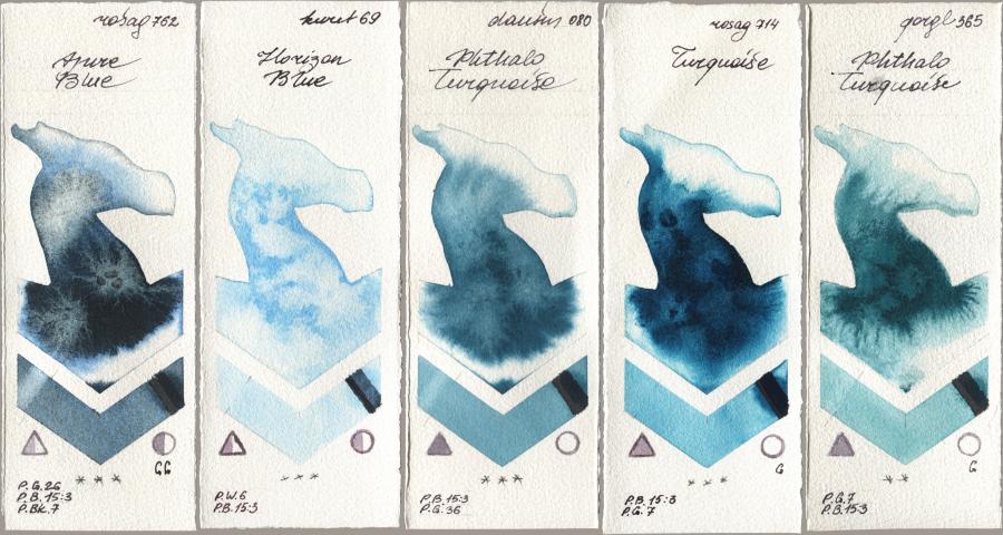 Rosa Gallery 762 Azure Blue, Kuretake Gansai Tambi 069 Horizon Blue, Daniel Smith 080 Phthalo Turquoise, 714 Turquoise, Golden QOR 365 Phthalo Turquoi watercolor swatch
