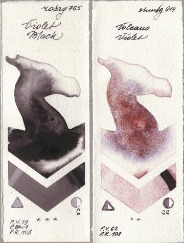 Rosa Gallery 765 Violet Black, Shminke Horadam Aquarell 914 Volcano Viol watercolor swatch