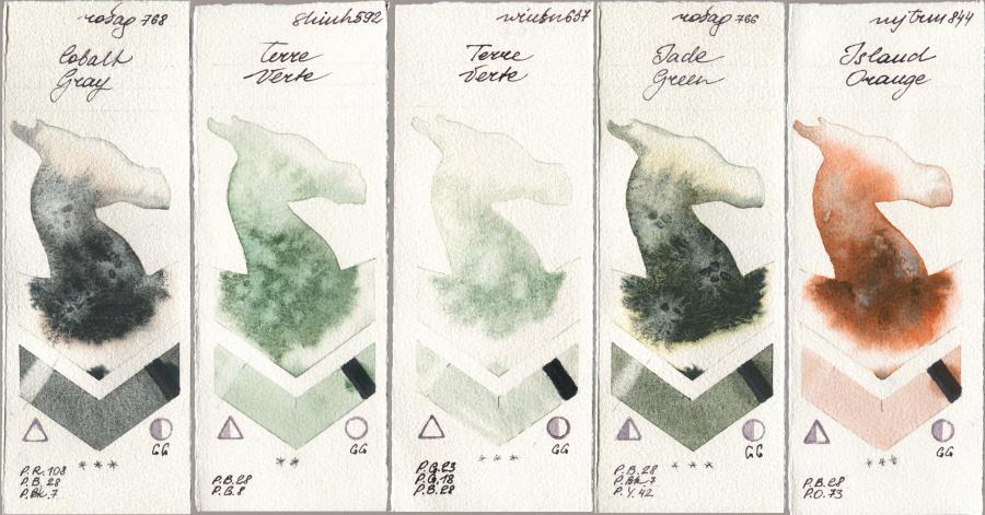 Rosa Gallery 768 Cobalt Gray, Shinhan PWC 592 Terre Verte, Winsor & Newton Professional 637 Terre Verte, 766 Jade Green, Mijello Mission Gold 844 Island Oran watercolor swatch