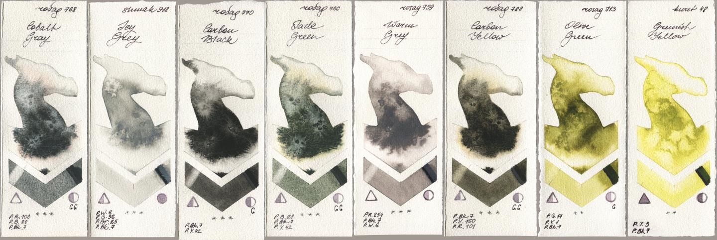 Rosa Gallery 768 Cobalt Gray, Shminke Akademie Aquarell 918 Icy Grey, 770 Carbon Black, 766 Jade Green, 759 Warm Grey, 788 Carbon Yellow, 713 Olive Green, Kuretake Gansai Tambi 048 Greenish Yell watercolor swatch
