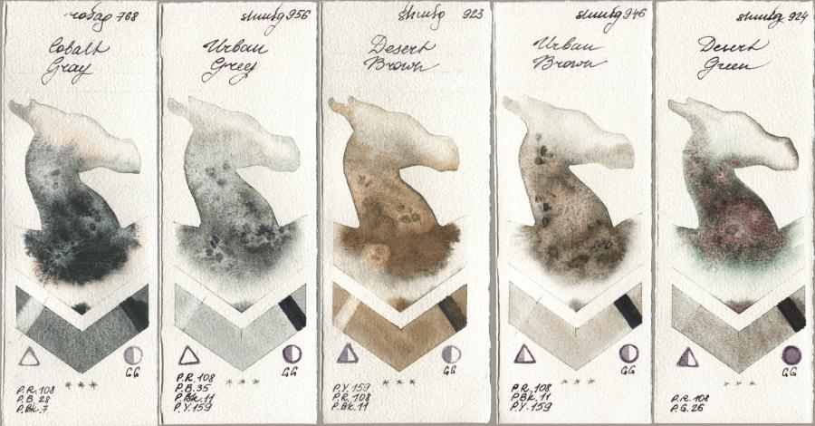 Rosa Gallery 768 Cobalt Gray, Shminke Horadam Aquarell 956 Urban Grey, 923 Desert Brown, 946 Urban Brown, 924 Desert Gre watercolor swatch