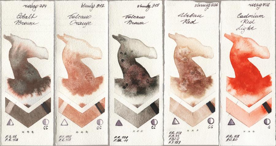 Rosa Gallery 784 Cobalt Brown, Shminke Horadam Aquarell 912 Volcano Orange, 915 Volcano Brown, 926 Urban Red, 706 Cadmium Red Lig watercolor swatch