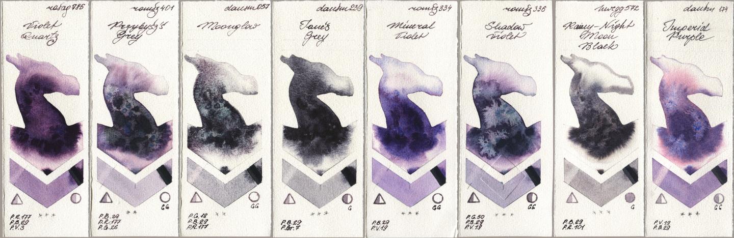 Rosa Gallery 785 Violet Quartz, Roman Szmal Aquarius 401 Przybyszs Grey, Daniel Smith 057 Moonglow, 239 Janes Grey, 334 Mineral Violet, 336 Shadow Violet, Holbein Artists Watercolor 572 Rainy-Night Moon Back, 174 Imperial Purp watercolor swatch
