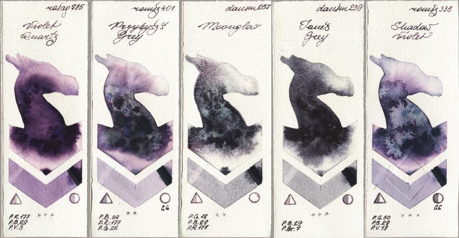 Rosa Gallery 785 Violet Quartz vs Roman Szmal Aquarius 401 Przybyszs Grey vs Daniel Smith 057 Moonglow vs 239 Janes Grey vs 336 Shadow Violet watercolor swatch