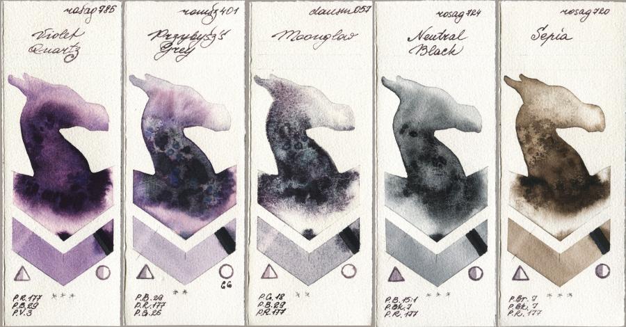 Rosa Gallery 785 Violet Quartz vs Roman Szmal Aquarius 401 Przybyszs Grey vs Daniel Smith 057 Moonglow vs 724 Neutral Black vs 720 Sepia watercolor swatch