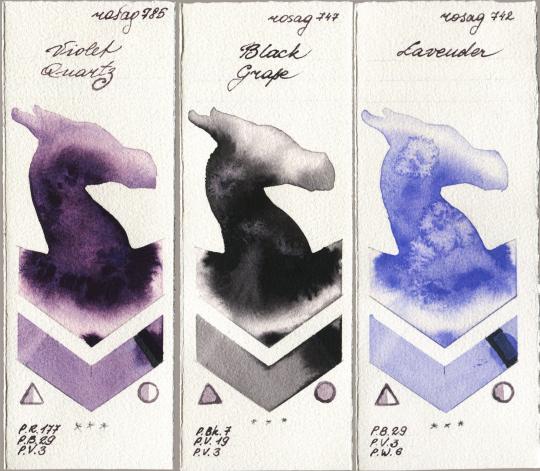 Rosa Gallery 785 Violet Quartz vs 747 Black Grape vs 742 Lavender watercolor swatch