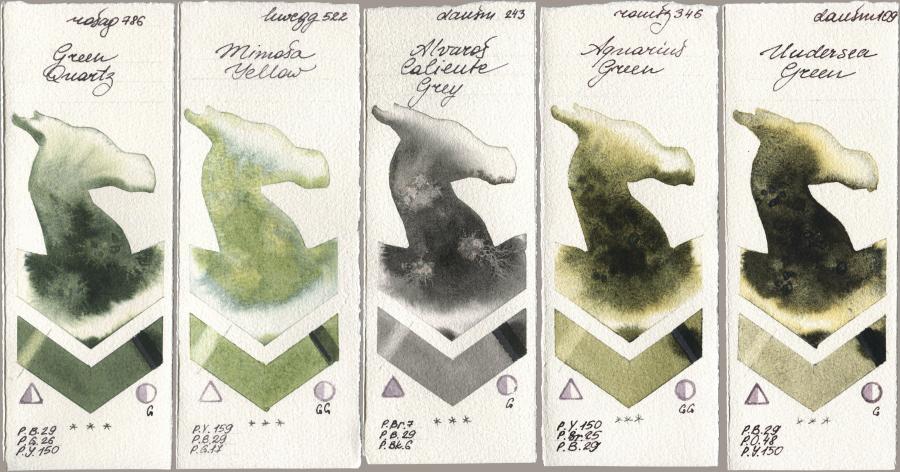 Rosa Gallery 786 Green Quartz, Holbein Artists Watercolor 522 Mimosa Yellow, Daniel Smith 243 Alvaros Caliente Grey, Roman Szmal Aquarius 346 Aquarius Green, 109 Undersea Gre watercolor swatch